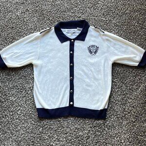 Vintage 80s Andrea Gayle Cardigan Sweater Women Small Blue Embroidered Crest